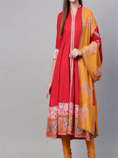 Buy Rain And Rainbow Women Red And Mustard Yellow Solid Kurta With Churidar