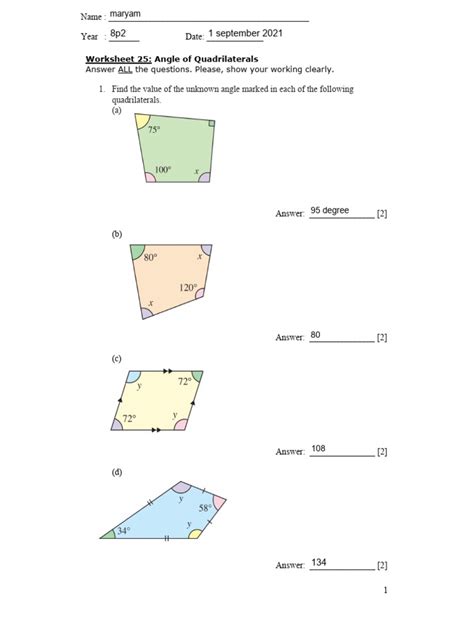 Worksheet 25 Angle of Quadrilaterals | PDF | Rectangle | Geometric Shapes