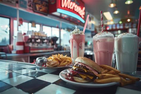 A Retro Style Image Of A Classic Diner Counter With A Spread Of