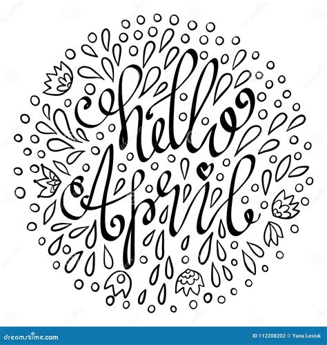 Hello April Hand Drawn Lettering With Abstract Floral Elements Stock