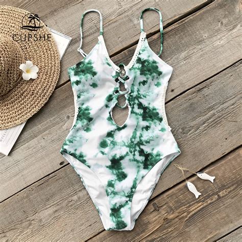 Cupshe Green And White Tie Dye One Piece Swimsuit Women Lace Up