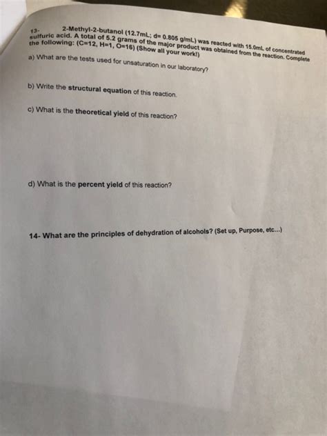 Solved 2-Methyl-2-butanol (12.7mL; d-0.805 g/mL) was reacted | Chegg.com