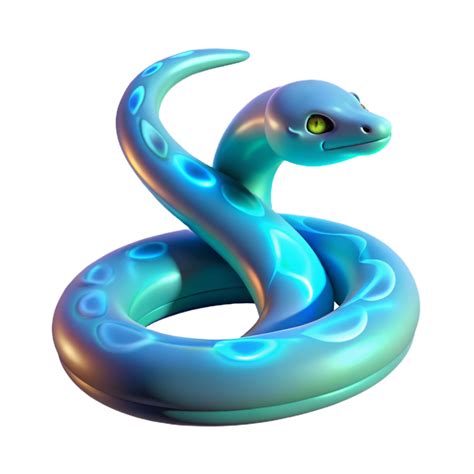 3D Render of a Coiled Blue Snake Illustration, Glowing Neon Circles