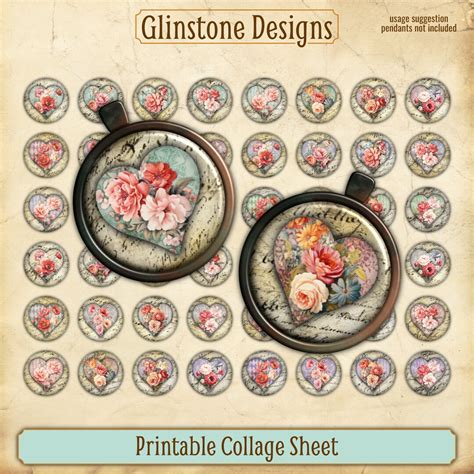 Printable Inch Circles Collage Sheet Hearts Vintage Style Flowers