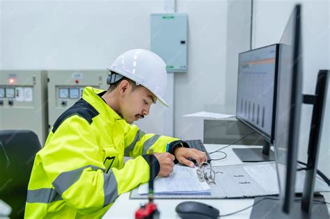 Homem de engenheiro elétrico verificando a tensão no gabinete de ...