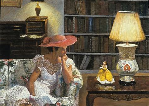 A Painting Of A Woman Sitting On A Couch In Front Of A Book Shelf And Lamp