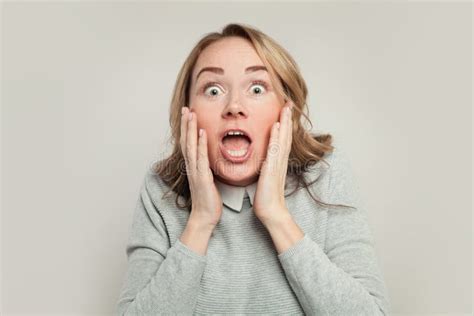 Happy Surprised Shocked Woman on White Background, Portrait Stock Image ... 