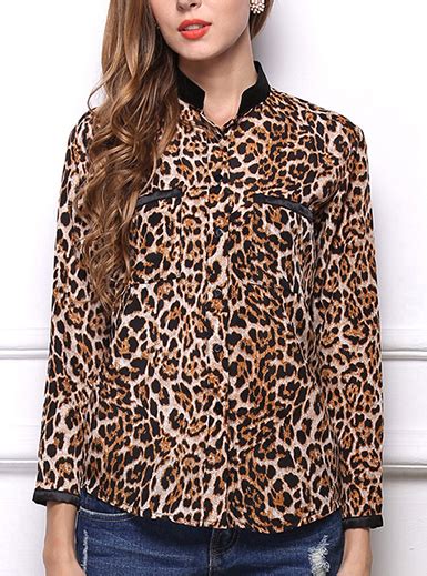 Womens Long Sleeved Leopard Print Blouse Black Trim