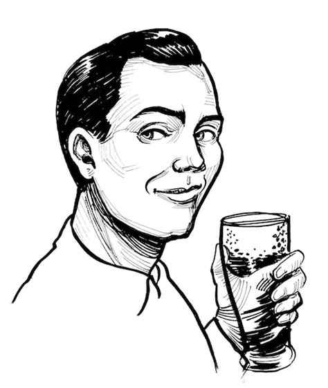 Hombre Feliz Bebiendo Una Cerveza De Cristal Dibujo A Tinta En Blanco