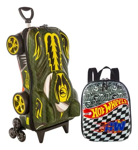 Kit Mochila 3d Infantil C 3 Rodinhas Lancheira Hot Wheels