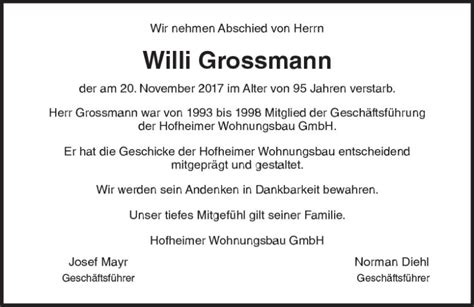 Traueranzeigen Von Willi Grossmann Vrm Trauer De