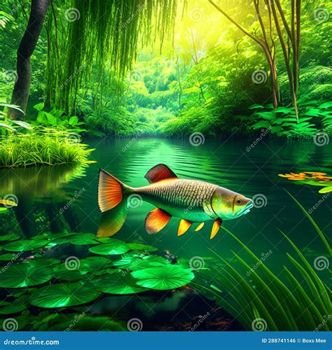 Colorful Fish in the Pond in the Summer Forest. Panorama AI Generated ...