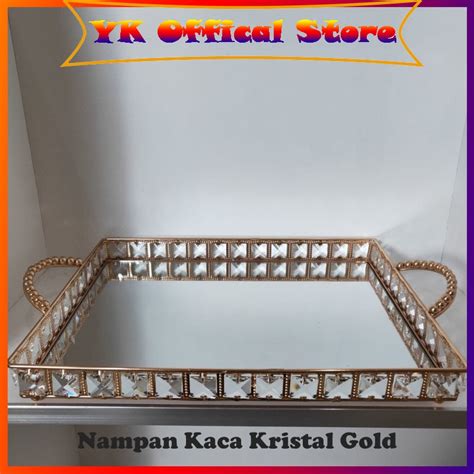 Jual Nampan Kaca Kristal Gold Gagang Diamond Europe Gold Tray