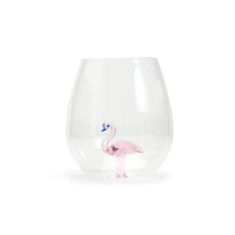 Set of 2 Pink Flamingo Handblown Jumbo Stemless Wine Glasses