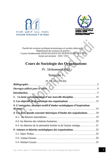 Sociologie Des Organisations S1 Pr Mohammed Radi Cours De Sociologie