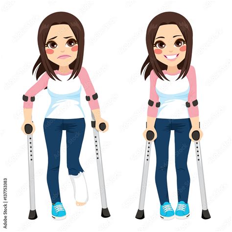 Girl with sad expression and broken leg walking with crutches then happy after recovery Stock ...