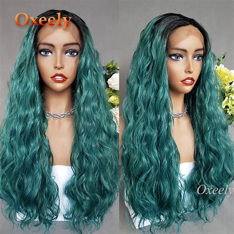 Oxeely Ombre Wigs Loose Curly Green Wigs Synthetic Lace Front Wig