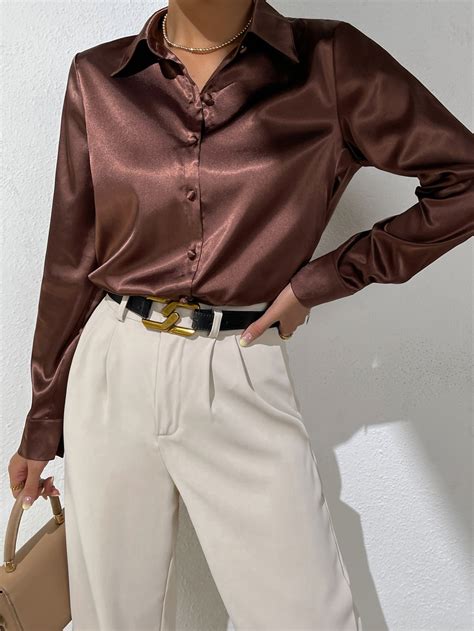 Shein Bizwear Solid Button Front Satin Shirt Workwear Shein Usa