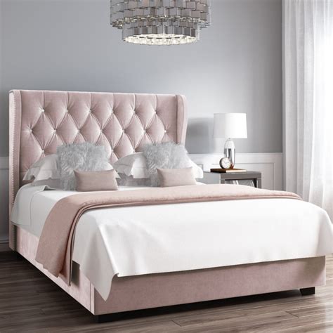 Safina Diamante Wing Back Bed In Light Pink Velvet Oxford Beds Wingback Beds Majestic Beds