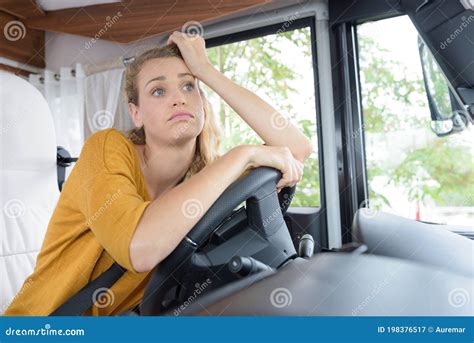 Smiling Caucasian Woman Driving Camper Van Stock Image Image Of