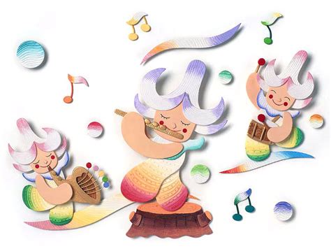 音楽イラスト（花の妖精の音楽隊と飛ぶ音符）