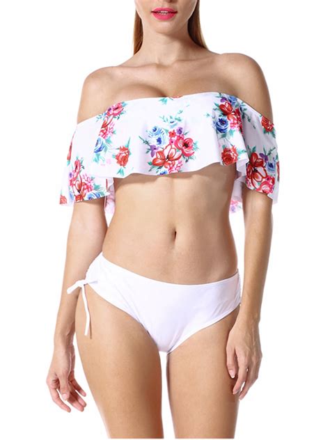 Womens Two Piece Swimsuit Set Off Shoulder Ruffled Flounce Bikini Retro Floral Print Swimwear