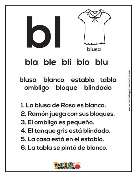 Hojas De Lectura De Las Silabas Trabadas Bl Blusa Bla Ble Bli Blo Blu