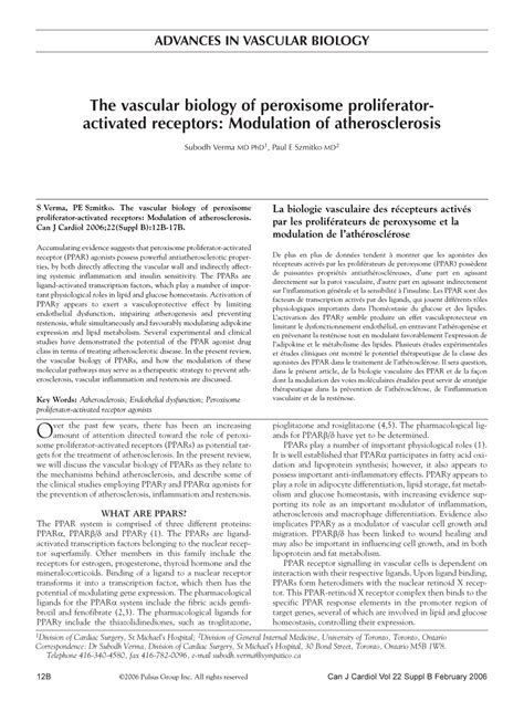 Pdf The Vascular Biology Of Peroxisome Proliferator Activated Receptors Modulation Of