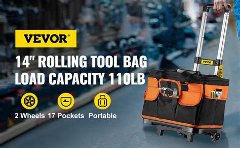 Vevor Rolling Tool Bag 14in Tool Bag With Wheels 17 Pockets Roller Tool Bag 110lb Load