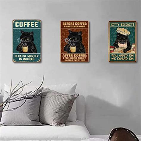 Retro Cat Coffee Metal Sign Vintage Kitchen Signs Wall Decor Because