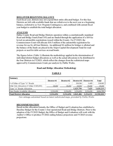 FY2023 Analysis Memo: Baseline for Road & Bridge
