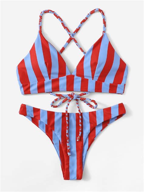 Striped Criss Cross Top With Low Rise Bikini Set