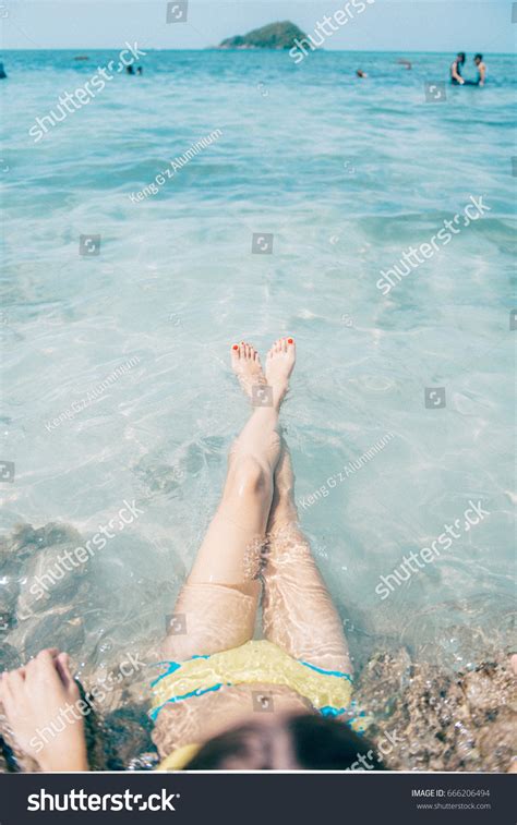 Woman Swim Ocean Dressed Yellow Bikini Stock Photo 666206494 Shutterstock