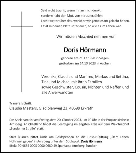 Traueranzeigen Von Doris H Rmann Trauer In Nrw De