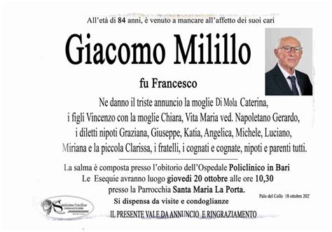 Funerali E Annunci Funebri A Palo Del Colle Giacomo Milillo Funer