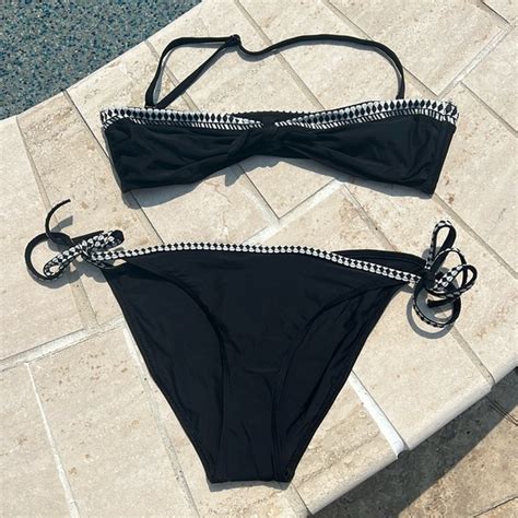 Lemlem Swim Lemlem Sofia String Bikini Top And Bottom Size M Black With Black White Trim