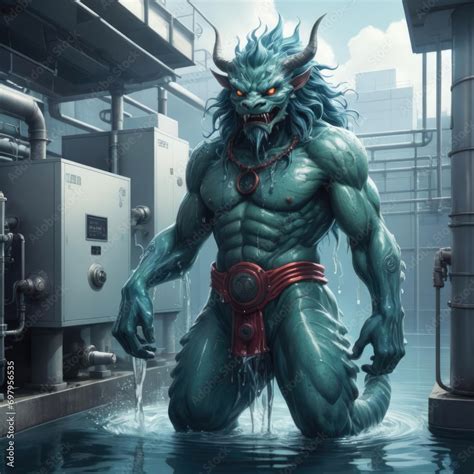 Kappa - Traditional Japanese water demon in a modern urban water purification plant Gen AI Stock ...