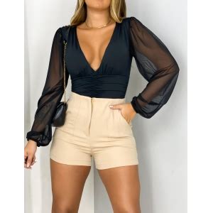 Short Alfaiataria Nude Dona Gy Moda Feminina