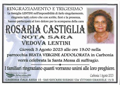 Funerali E Annunci Funebri A Carbonia Rosaria Castiglia Funer