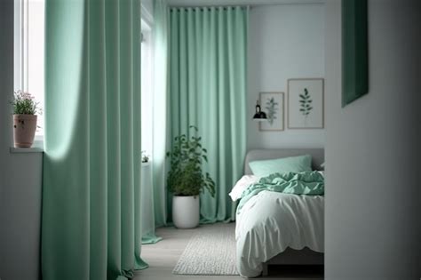 Premium AI Image | Sleek bedroom with mint green windows curtains