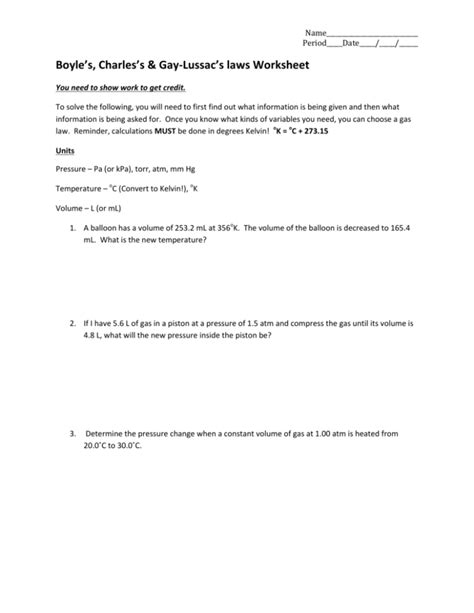 Charles Law Worksheet 1 - Worksheets For Kindergarten