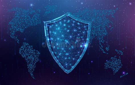 Wireframe Polygonal Shield With Globe Map Cyber Security World