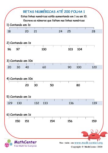 Retas Numéricas Até 200 Folha 1 Planilhas Math Center