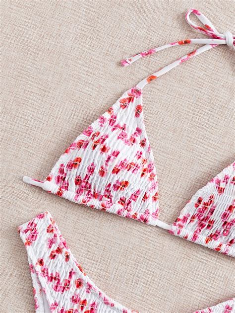 Shein Swim Mod Floral Smocked Triangle Bikini Set Shein Usa