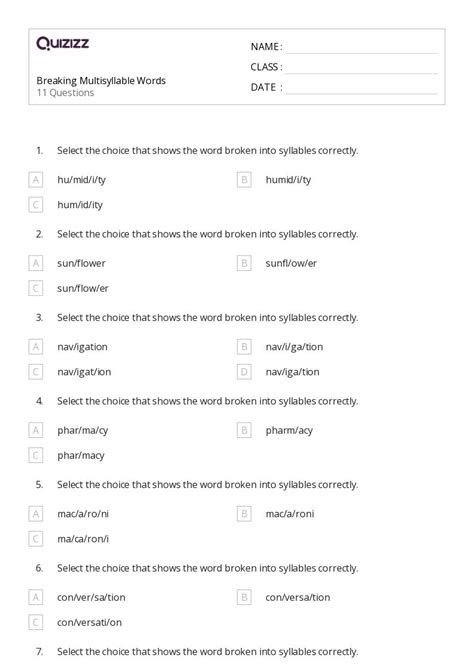 50+ Syllables worksheets for 6th Grade on Quizizz | Free & Printable