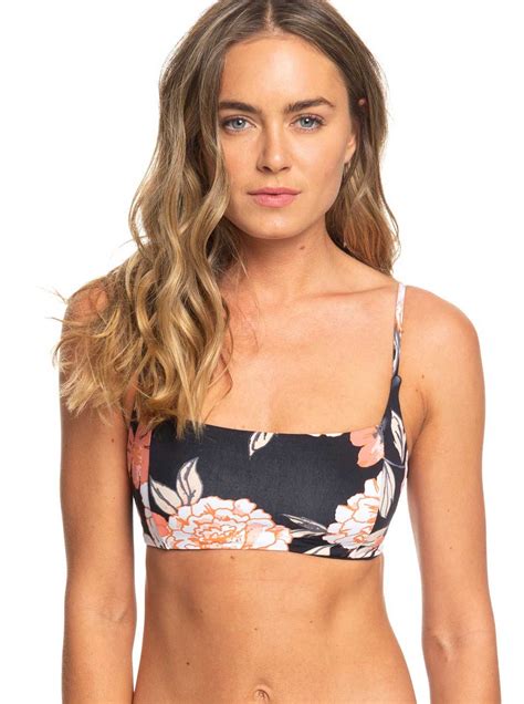 Roxy Beach Classics Tri Bralette Bikini Top Anthracite New Flowers