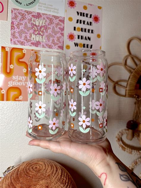 Dainty Retro Flowers Glass Cup Retro Flowers Groovy Flowers Etsy