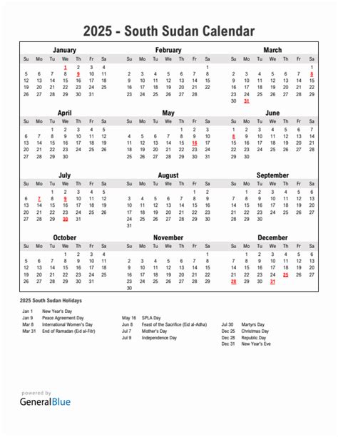 2025 South Sudan Calendar with Holidays