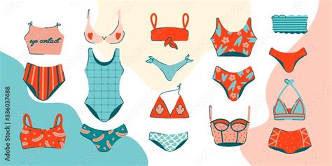 Lingerie And Swimsuits Vector Stickers Set Various Types Of Woman Beach Fashion Clothes