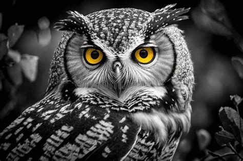 Black and White Portrait Owl with Big Yellow Eyes. Stock Illustration ...